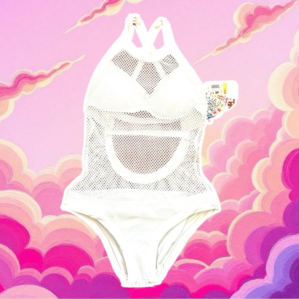 Becca by Rebecca Virtue Sexy Mesh White Halter One-Piece Swimsuit size small NWT